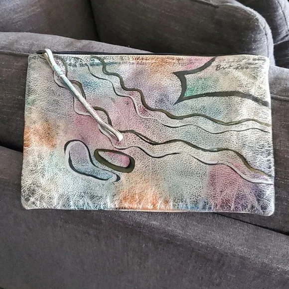 VINTAGE 80S 90s LARGE WRISTLET BAG CONTEMPORARY HAND PAINTED LEATHER BRIT Signed - Picture 1 of 11